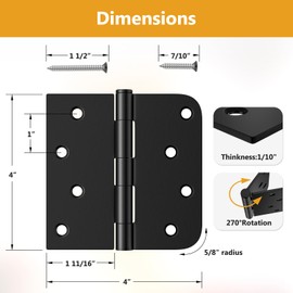 Luxbaro 6 Pack Black Door Hinges 4 Inch, Exterior Door Hinges with Square & 5/8" Radius, Removable Pin, Perfect for Heavy-Duty Front & Back Door, Antirust & No Squeaks ﻿