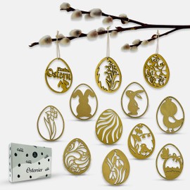 Birdart Box® 12x Ostereier zum Aufhängen – Osterdeko aus Holz, moderne Ostereier in premium Qualität 7cm (Gold)