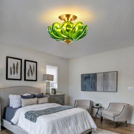 HuixuTe Modern Semi Flush Mount Ceiling Light, 3-Light Gold Close to Ceiling Light Fixture with Green Glass Shade for Living Room Entryway Bedroom
