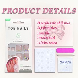 Press on Toenails Pink French Tip Fake Toenails Full Cover Diamond Square False Toenails with Designs Rhinestones Glossy Short Acrylic Toes Nails Artificial Beach Toenail for Women Girls 24Pcs