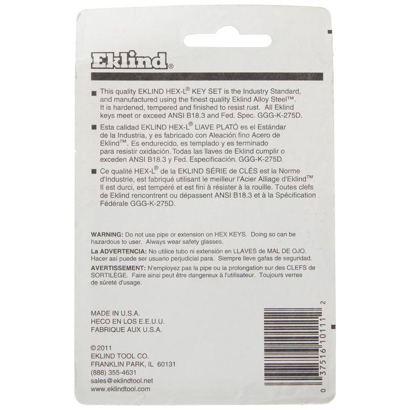 EKLIND 10111 Hex-L Key allen wrench - 11pc set SAE