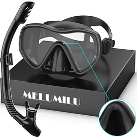 MELUMILU Snorkeling Gear for Adults, Dry Snorkel Set 180° Panoramic Wide View Anti-Fog Scuba Diving Mask, Professional Snorkel Gear for Free Breathing, Swimming, Diving, Nose Upgrade 2.0（Black）