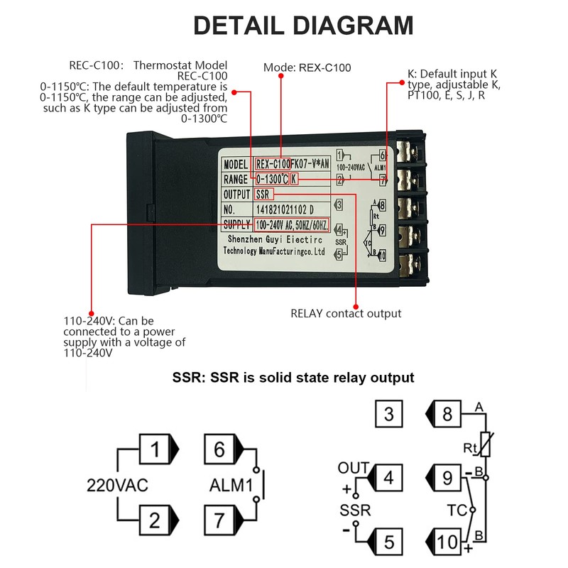 PID Digital Temperature Controller REX-C100, 0℃~1300℃ AC Intelligent Temperature Controller