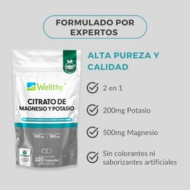 Wellthy Citrato de Magnesio y Potasio 220 Cápsulas. Tomar Sólo una Cápsula al día, Excelente fuente de Potasio y Magnesio, Cápsula Vegana, Bottle Free