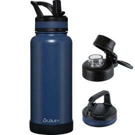 OLDLEY 32 oz Insulated Water Bottle With Straw, Stainless Steel Sports Water Cup Flask with 3 Lids(Straw, Spout and Handle Lid) Double Walled Travel Thermal Canteen Mug,Navy Blue