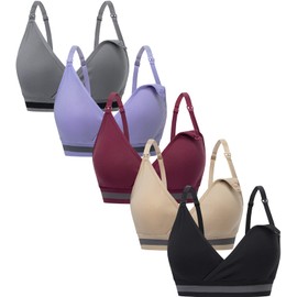 Suekaphin 5Pack Nursing Bra Deep V Neck for Breastfeeding,Seamless Maternity Bralette Wirefree Padded Cup Nursing Bra,Medium,Black/Beige/Gray/Lightpurple/Burgundy