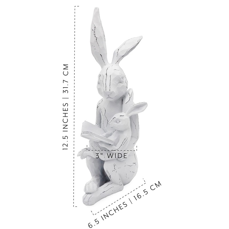 AuldHome Design Easter Reading Rabbit Figurine w/Baby Rabbit; Farmhouse White