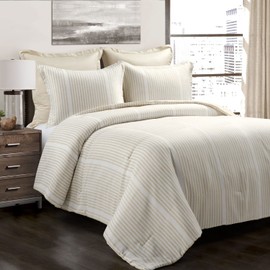 Lush Decor Farmhouse Drew Stripe Silver-Infused 5 Piece Comforter Set, Full/Queen, Neutral