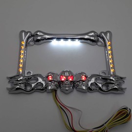 HTTMT- 3D Chrome Skull Flame Bone License Plate Frame w/LED Run Brake Turn Compatible With H-D Kawasaki [P/N: MT294-006A-CD]