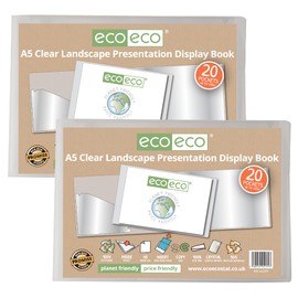 eco-eco 2 Pack A5 50% Recycled 20 Pockets Clear Landscape Presentation Folder Storage Case Art Folder with Plastic Sleeves eco174x2