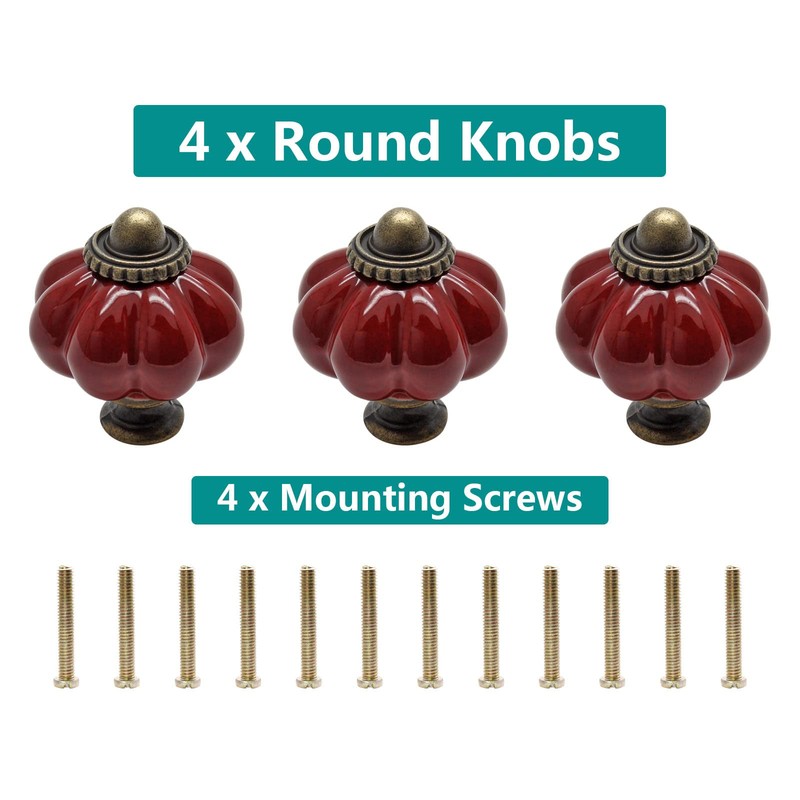 Seimneire 4pcs Rust Red Pumpkin Knobs, Vintage Ceramic Cabinet Knobs,