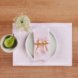 Solino Home Stripe Linen Cloth Placemats Set of 4 - Pink and White, 100% Pure Linen Easter Placemats 19" L x 14" W Inch - Narrow Stripe, Washable Fabric Place Mats