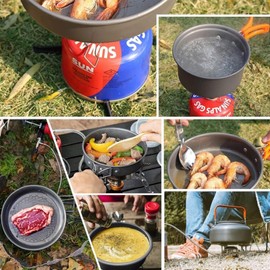 AMOMB Camping Cookware Set - Portable & Lightweight, Non-Stick Camping Pots and Pans Set with Cup, Knife, Fork, Spoon and Kettle - Perfect for Backpacking, Hiking, Outdoor Cooking, and Picnic