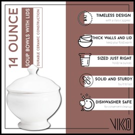 Vikko Soup Crocks With Lids, 14 Ounce Elegant White Soup Bowl with Cover, Set of 6 Soup Dishes, Dishwash Safe