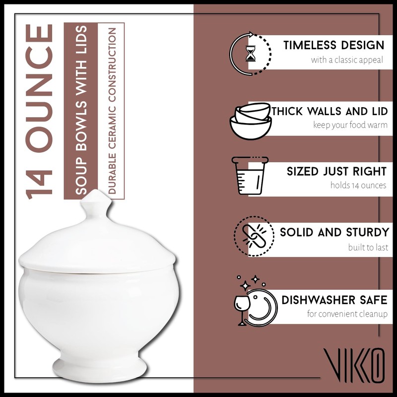 Vikko Soup Crocks With Lids, 14 Ounce Elegant White Soup