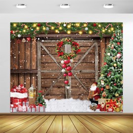 Christmas Backdrops for Photoshoot 10x8ft Vinyl Barn Wood Door Xmas Tree Gift Box Christmas Photography Backdrop Snowy Snowflake Xmas Wreath Xmas New Year Party Decorations Background Photo Booth
