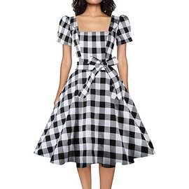 OBBUE Women's Square Neck Dress Vintage 1950s Cocktail Party Dress with Puff Sleeves Black-White-Plaid L