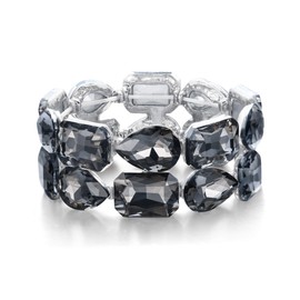 Flyonce Wedding Bracelets for Brides Bridesmaids Rhinestone Crystal 2 Layerd Wide Stretch Bracelet for Women Grey Silver-Tone