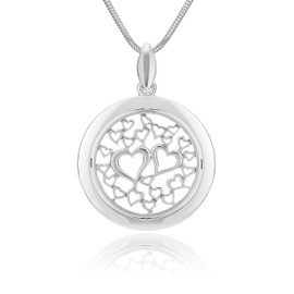 Women's Solid Silver Chain, Real 925 Silver, Round Pendant with Heart Pattern, Adjustable Length, Jewellery Case, Small Gifts for Women