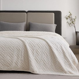 KORBLISS Faux Fur Queen Quilt Blanket for Couch, 480GSM Fuzzy Soft and Warm Coverlet Light Weight Quilted Blanket for Sofa, Chair, Bed, Bedroom, 90x90 Inches,Ivory Interwoven