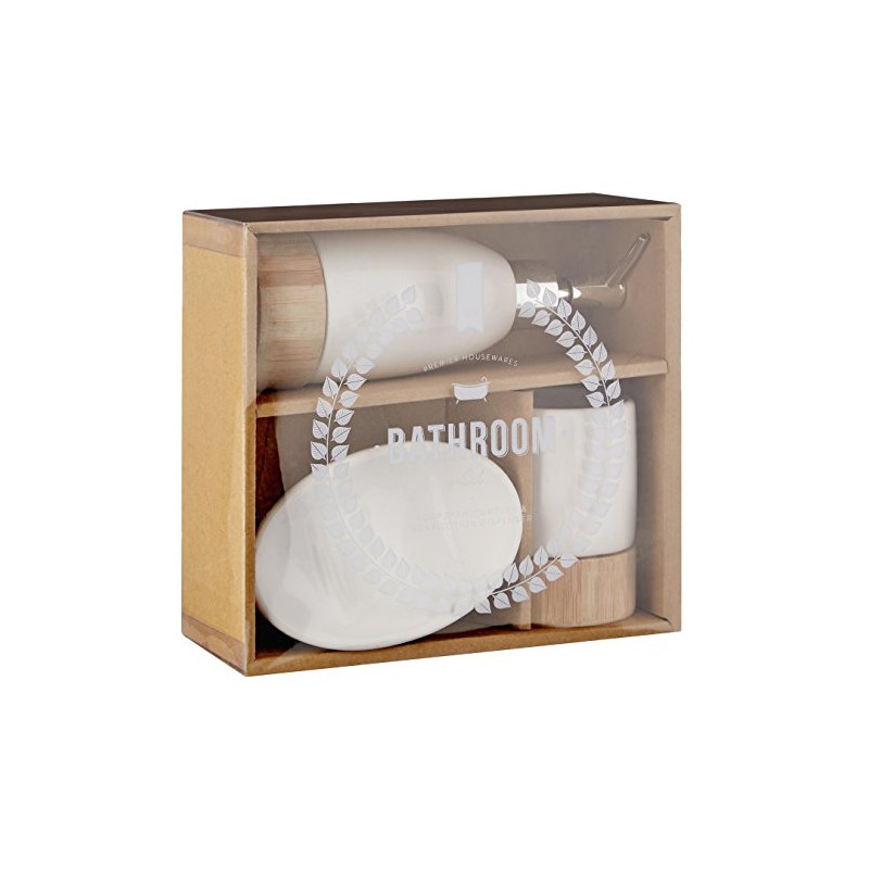 Premier Housewares Earth Bathroom Set-White/Bamboo-3 Piece, Dolomite, 20 x 21