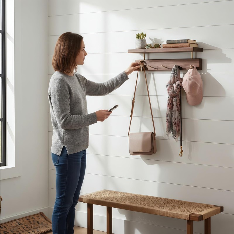 MATOOYA Shelf with Hooks, Solid Wood Bedroom Shelves for Wall,