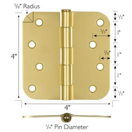 Door Hinges for Interior Doors 9-Pack 4-inch x 4-inch – Rounded 5/8-inch Radius Steel Door Hinge – Satin Brass – Fits Standard Doors – Design House 191171