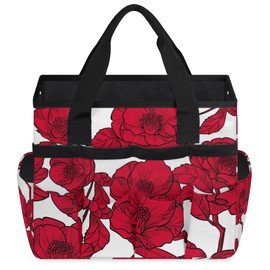 Aesthetic Flower Red White Garden Tool Bag Heavy Duty Oxford Gardening Tool Tote Bag Waterproof Garden Tool Storage Bag with Handle & 10 Pockets for Women Men Gardening Gifts