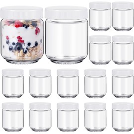Baderke 16 pcs Clear Glass Jars with Plastic Lids for Yogurt Maker Reusable Glass Mason Jars Glass Canning Yogurt Container Yogurt Jars for Greek Yogurt Machine Jam Spices Herbs Food storage (6 oz)