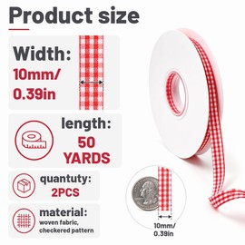 2 PCS Red Gingham Ribbon, 3/8" x 50 Yard Red and White Gift Wrapping Ribbon