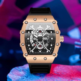 Tiong Rose Black Men's Barrel Shaped Business Quartz Watch，Non Mechanical Watches for Men,Luminous Waterproof Silicone Men's Quartz Watch-Rose Black