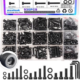 mxuteuk M2 M3 M4 Metric Screw Assortment Screws Nuts and Washers Assortment,Grade 12.9 Alloy Steel Hex Socket Head Cap Metric Screw Assortment Kit with 3 Hex Wrench（930PCS）