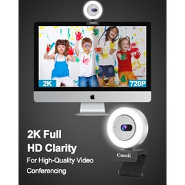 Camii 2K Webcam, Webcam for PC with HD Ring Light and Privacy Cover, Noise-Canceling Microphone, Auto-Focus, 2K 30FPS Streaming Camera USB Plug-n-Play for PC/Laptop/Teams/Zoom Skype/Google Meet