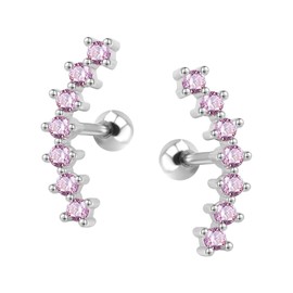 ZeSen Jewellery Curved Seven Stud CZ Stud Earrings 316L Stainless Steel Ear Helix Conch Cartilage Piercing, Stainless Steel, pink