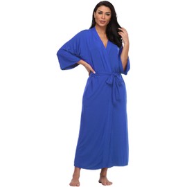 Women's Modal Kimono Robe Long Knit Bathrobe Sexy V-Neck Nightgown Lightweight Sleepwear,Blue,S