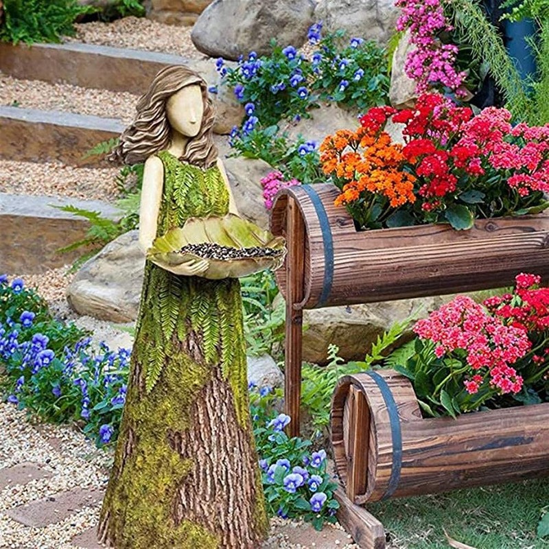 Fairy Garden Statue with Bird Feeder Lawn Resin Ornaments Garden