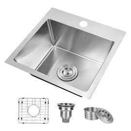 YSSOA Top-Mount Workstation Kitchen Sink, 20 Gauge Single Bowl Stainless Steel with 3 Accessories (Sink + Bottom Grid + Drain), 15-Inch, Silver