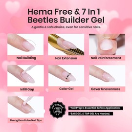 Beetles Builder Gel 5 Colors Nude Shimmer Glitter 7-in-1 Hema Free Strengther Gel with Heart Top Coat for Nail Apex Building Soak Off LED Lamp Nail Extension DIY Salon Gifts for Women