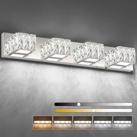 ZUZITO Modern Bathroom Light Fixtures - Crystal 4 Light Bathroom Vanity Light 5CCT Dimmable - LED Chrome Vanity Lighting Fixture