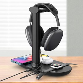 Headphone Stand with Wireless Charger, 15W Fast Charging QI Wireless Charging Pad Type C 4 in 1 Wireless Charging Station Dock Detachable Headset Holder for Gamer Desktop Table Gaming Earphones