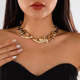 Inactwin Chunky Gold Statement Choker Necklace for Women Irregular Charm Punk Necklaces Fashion Jewelry Gifts (chunky gold necklace)
