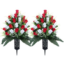 Lacinda Artificial Flowers for Cemetery, 2 Sets 48 Heads Artificial Rose Bouquet Graveyard Memorial Silk Flowers for Cemetery Flower Arrangement with Vase for Headstone Decor Outdoor (Red & White)
