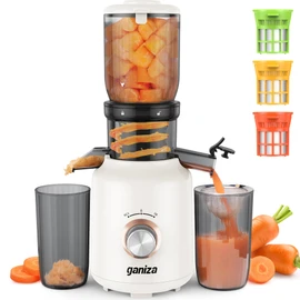 Ganiza Juicer Machines, Cold Press Juicer with 4.3" Large Feed Chute for Whole Fruits & Vegetables, Slow Masticating juicers with 3 Replace Filters for Batch Juicing, Easy to Clean, BPA Free (White)