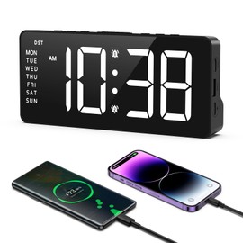 OQIMAX Digital Alarm Clock, LED Digital Alarm Clock with 2 Alarms, Snooze, Digital Clock with 2 Output Charging Port, Adjustable 5 Brightness and 3 Alarm Volume, Table Clock with Date, 12/24H, DST