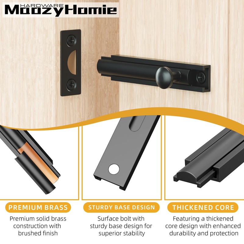 MaozyHomie 3 Inch Solid Brass Surface Bolt, Heavy Duty Concealed
