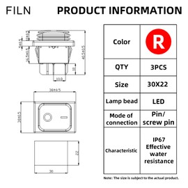 FILN 3pcs 15A KCD4 Waterproof Rocker Switch ON/Off Switch 4Pin 110V 120V 220V red Light Illuminated Boat Rocker Toggle Switch(Screw Terminal)