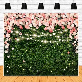 Green Leaves Flower Backdrop Pink Rose Greenery Grass Photography Background Wedding Bridal Shower Baby Shower Birthday Party Banner Photo Shoot Decor Props 10x8ft