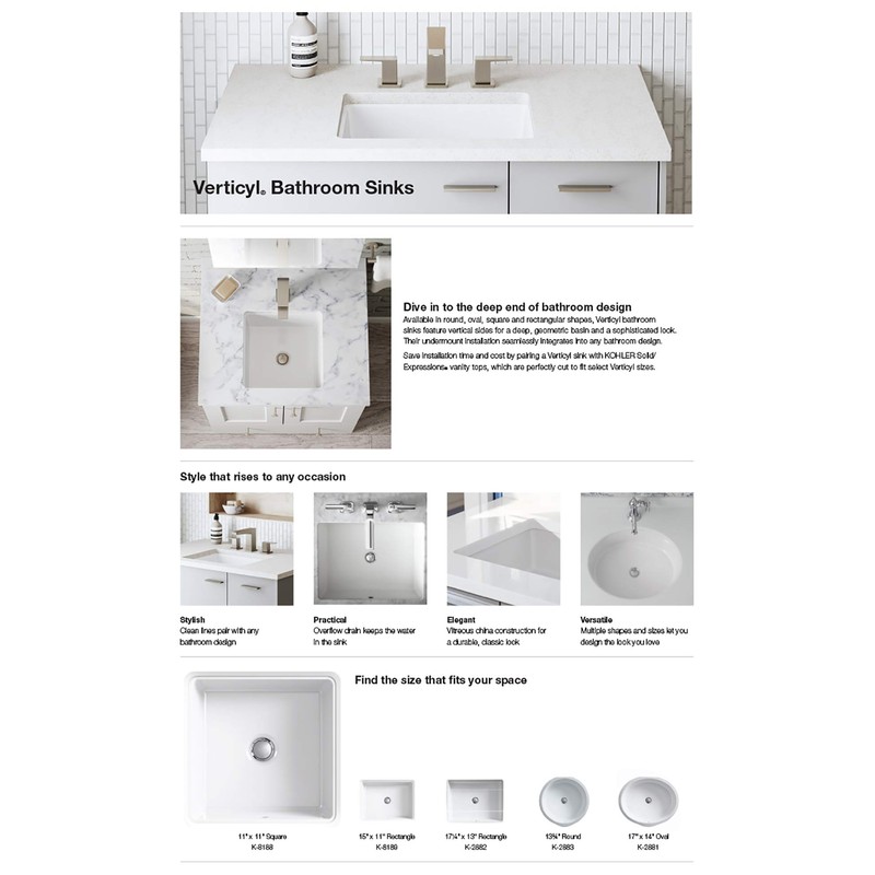 KOHLER 8189-0 Verticyl 17" Rectangular Undermount Bathroom Sink, Vitreous Lavatory