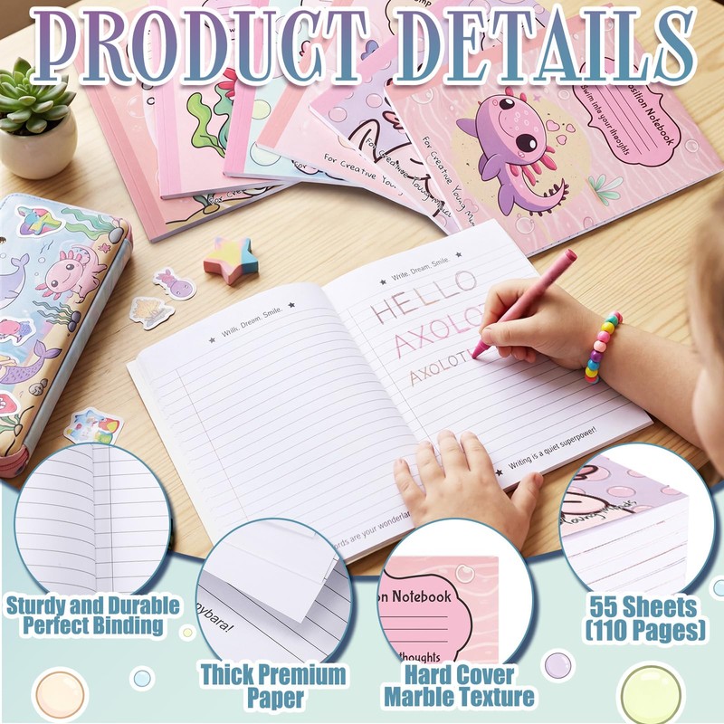 6 Pcs Composition Notebook Wide Ruled Paper Cute Axolotl Journal