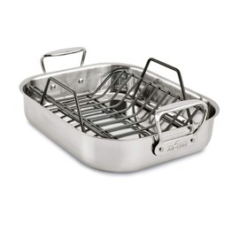 All-Clad E752S264 Stainless Steel Dishwasher Safe Small 11-Inch x 14-Inch Roaster with Nonstick Rack Cookware, 14-Inch, Silver